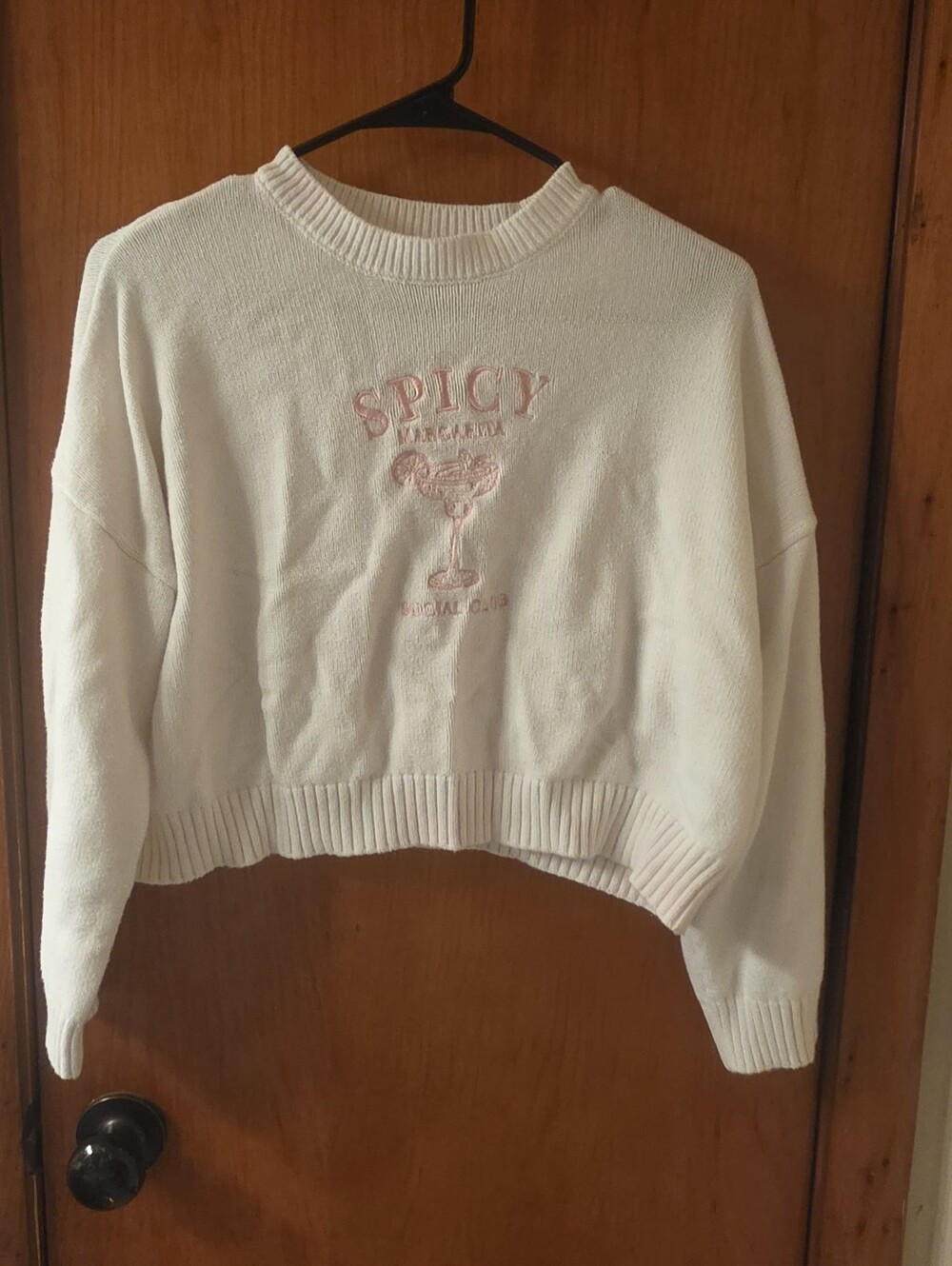 moon & madison Cream Crewneck Sweater with Pink Embroidered Graphic